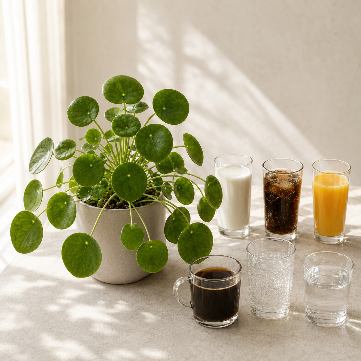 Gesunde Pilea im beigen Topf neben Gläsern mit Milch, Cola, Orangensaft, Kaffee, Sprudelwasser und Leitungswasser.