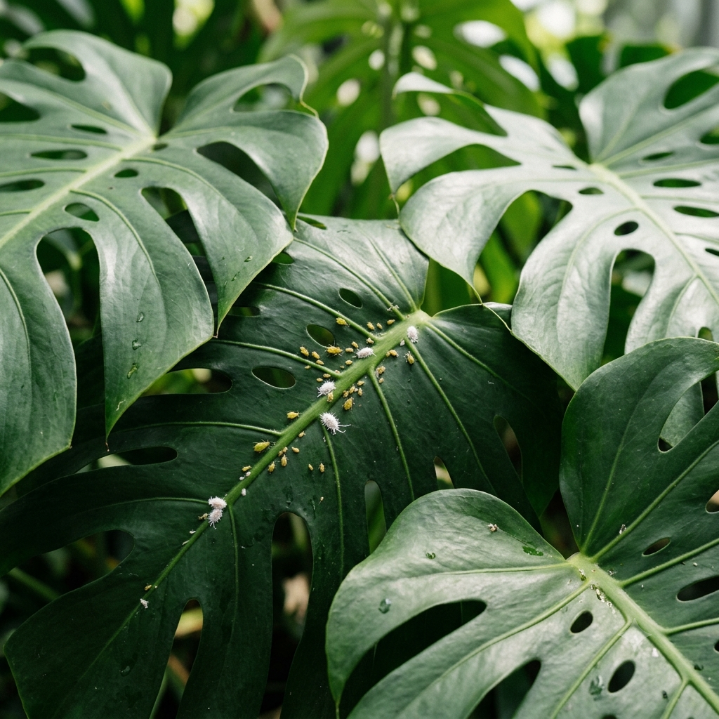Nahaufnahme eines Monstera-Blatts mit gelblichen Blattläusen und weißen Wollläusen.