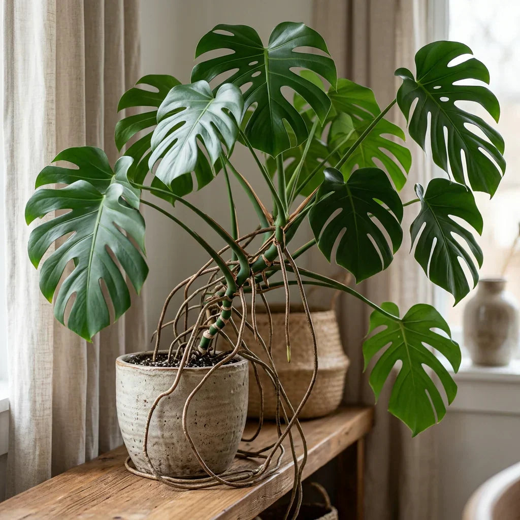 Große Monstera mit zahlreichen langen Luftwurzeln, die vom Stamm bis über den Topf hängen.