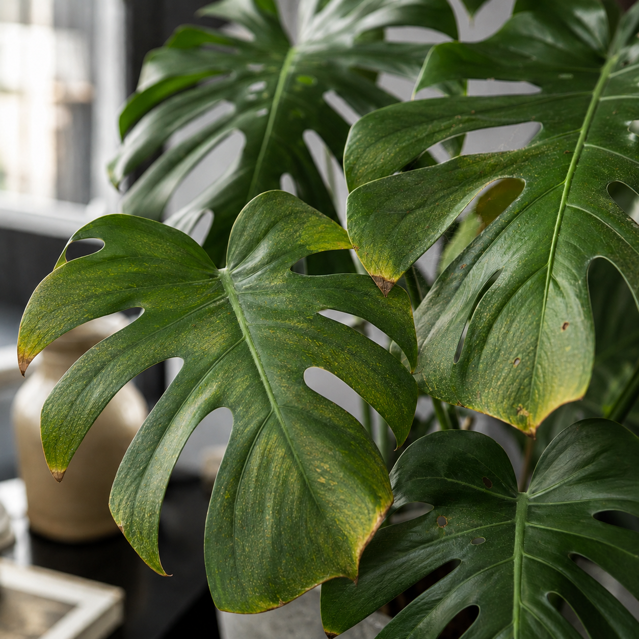 Monstera-Blätter mit gelben Sprenkeln, braunen Blattspitzen und kleinen beschädigten Stellen.