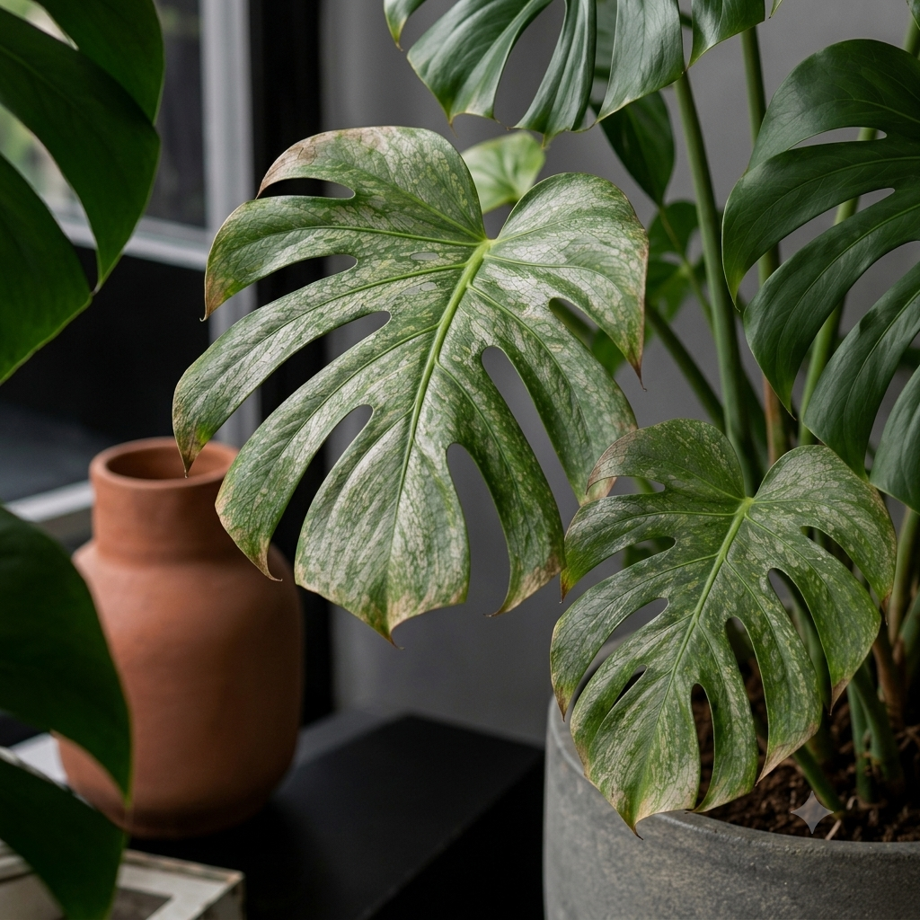 Monstera-Blätter mit silbrig aufgehellten Flächen, feinen Sprenkeln und braunen Blatträndern.