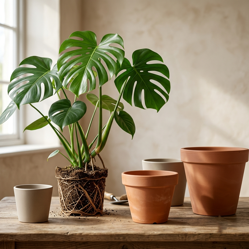 Ausgetopfte Monstera mit sichtbarem Wurzelballen neben vier Pflanztöpfen in verschiedenen Größen.