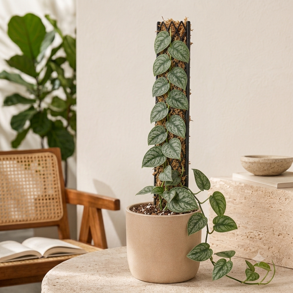 Monstera dubia mit silbrig gemusterten, dicht am Moosstab anliegenden Blättern wächst in einem beigen Topf.