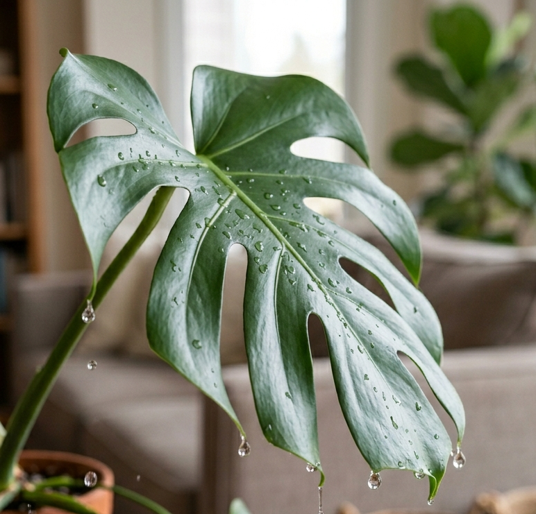 Nahaufnahme eines Monstera-Blatts mit Wassertropfen auf der Oberfläche und an den Blattspitzen.