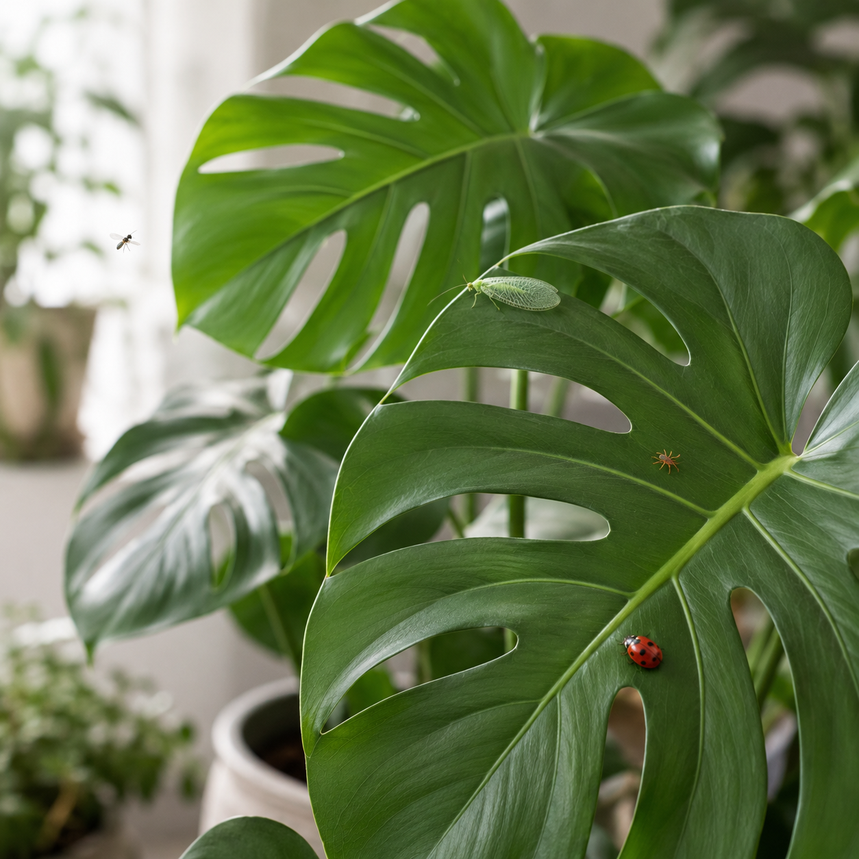 Nahaufnahme eines Monstera-Blatts mit verschiedenen Nützlingen, darunter ein Marienkäfer und eine grüne Florfliege.
