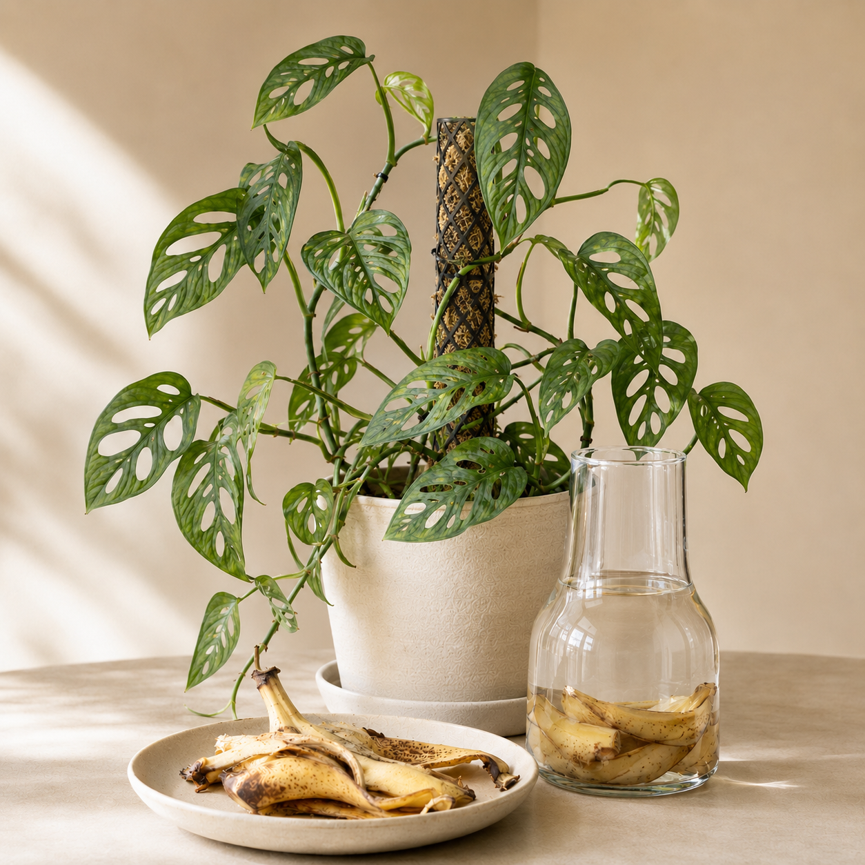 Monstera adansonii an einem mit Moos gefüllten Rankstab neben einem Teller mit Bananenschalen und einer Glaskaraffe mit eingeweichten Bananenschalen.