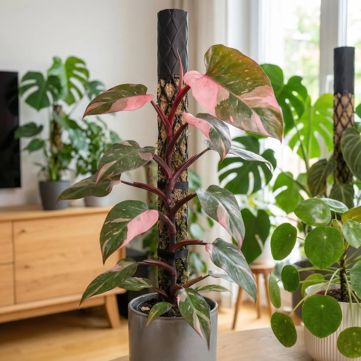 Rosa-grün panaschierter Philodendron wächst an einem mit Moos gefüllten Rankstab in einem hellen Wohnzimmer mit weiteren Zimmerpflanzen.