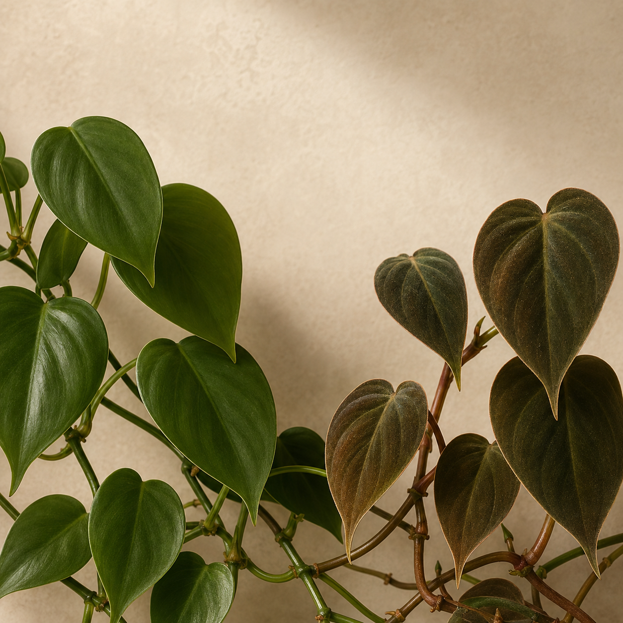 Vergleich von grünem Philodendron scandens mit glatten, glänzenden Blättern und Philodendron scandens ‘Micans’ mit samtigen, dunkelgrünen bis bronzefarbenen Herzblättern.