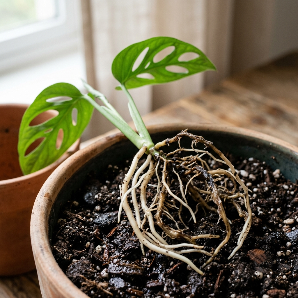 Nahaufnahme einer jungen Monstera adansonii mit freiliegenden, teils dunkel verfärbten und faulenden Wurzeln auf feuchtem Substrat.