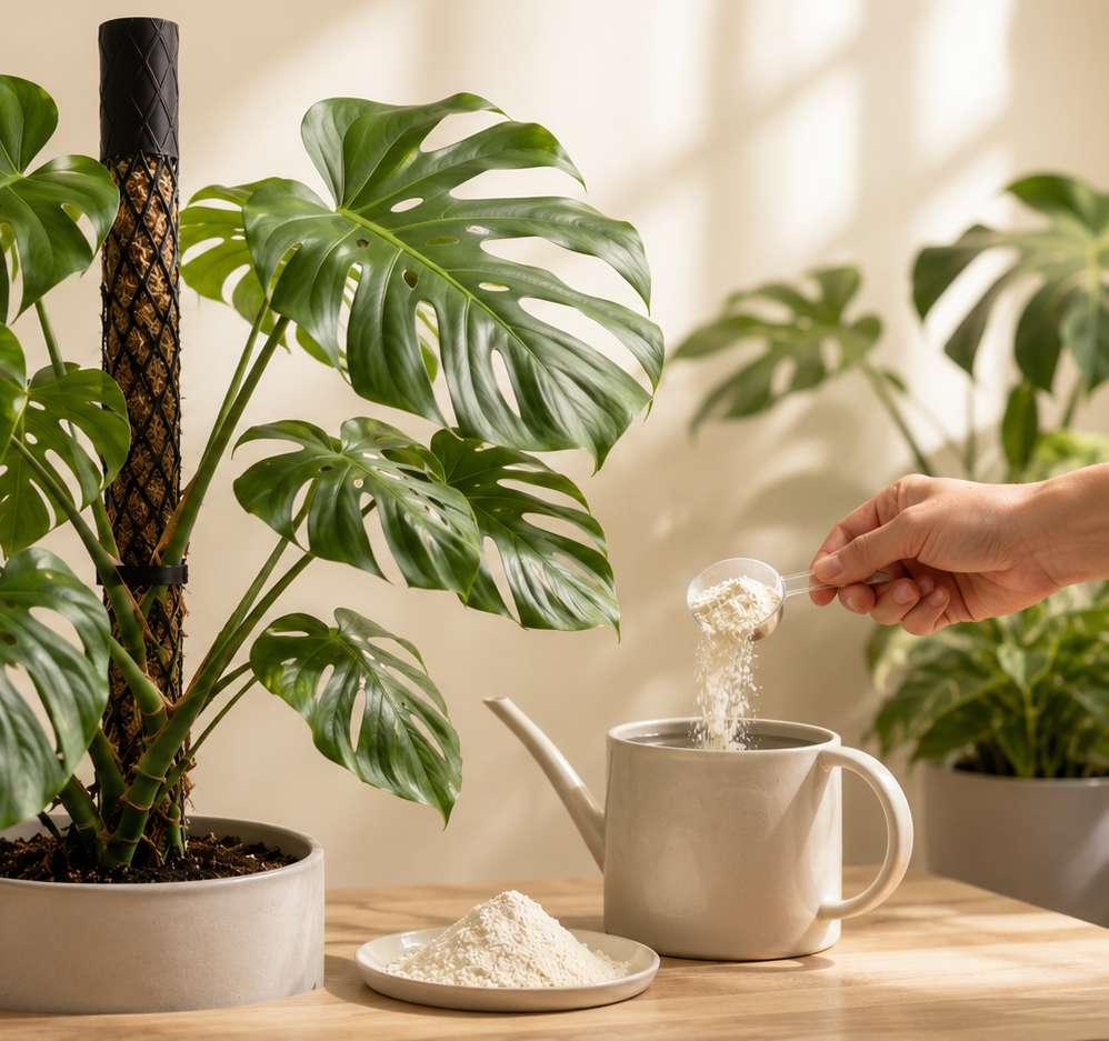 Hand gibt Aminosäurenpulver in eine Gießkanne neben einer Monstera an einem Moosstab.