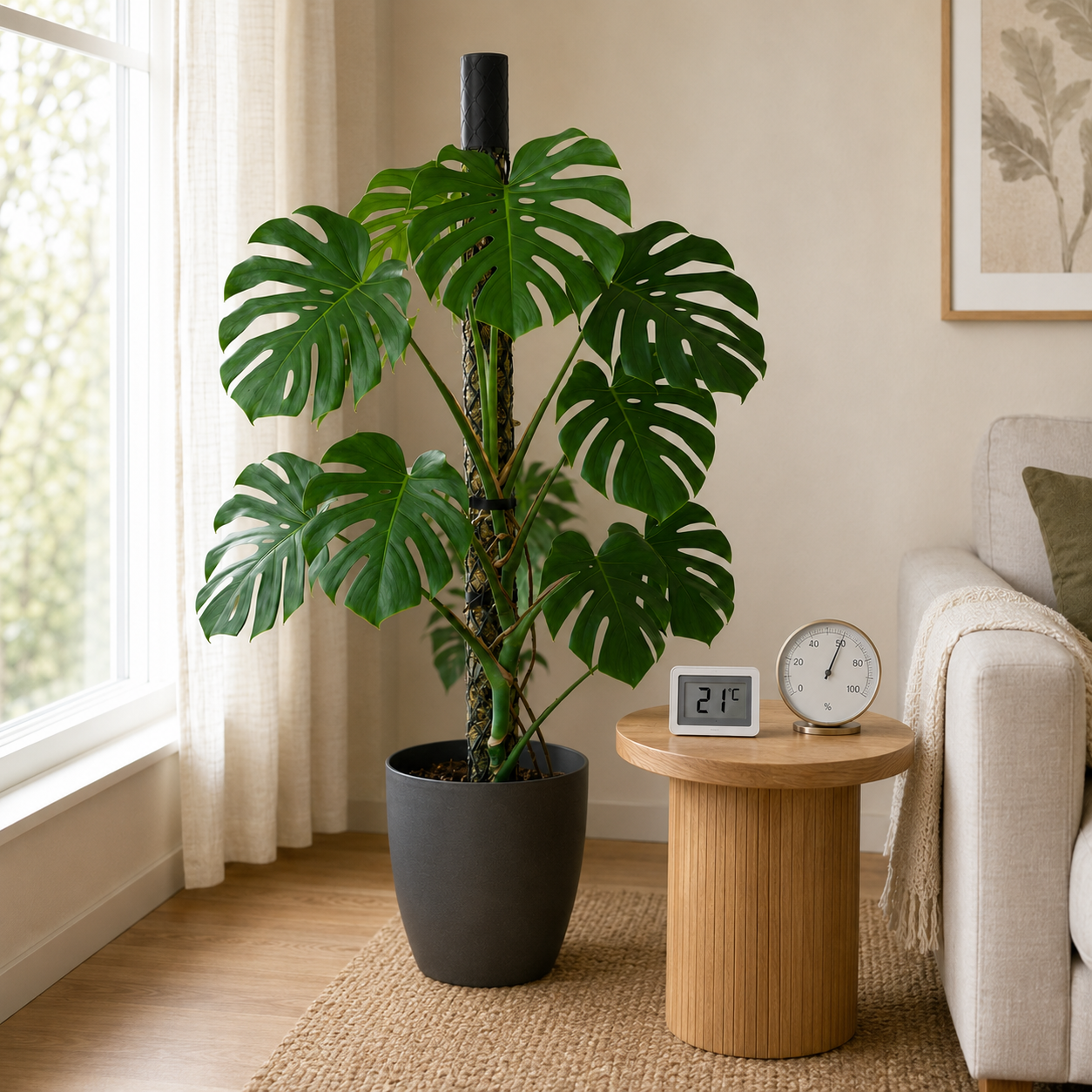 Große Monstera an einem Moosstab neben einem digitalen Thermometer mit 21 °C und einem Hygrometer mit etwa 55 % Luftfeuchtigkeit.