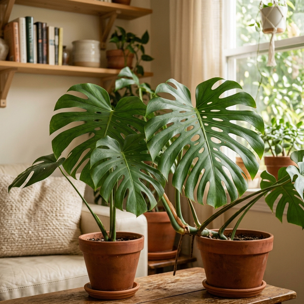 Zwei unterschiedlich wachsende Monstera deliciosa mit großen, gefensterten Blättern stehen in Terrakottatöpfen in einem hellen Wohnzimmer.