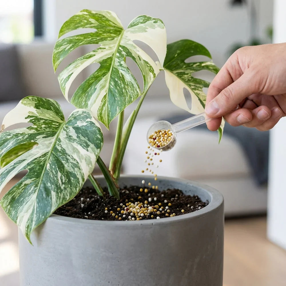 Hand verteilt körnigen Dünger auf dem Substrat einer weiß-grün panaschierten Monstera.