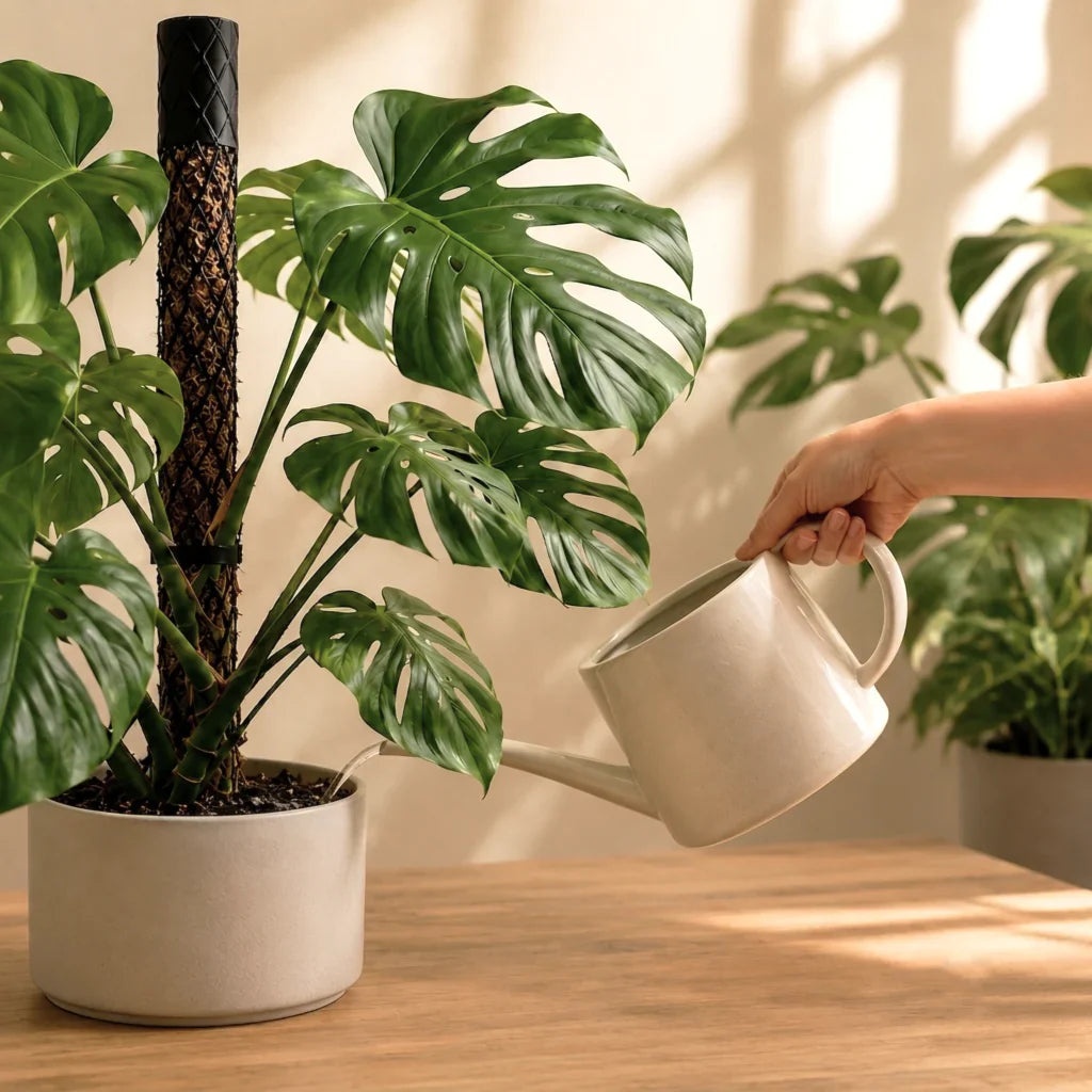 Hand gießt eine große Monstera, die an einem mit Moos gefüllten Rankstab wächst.