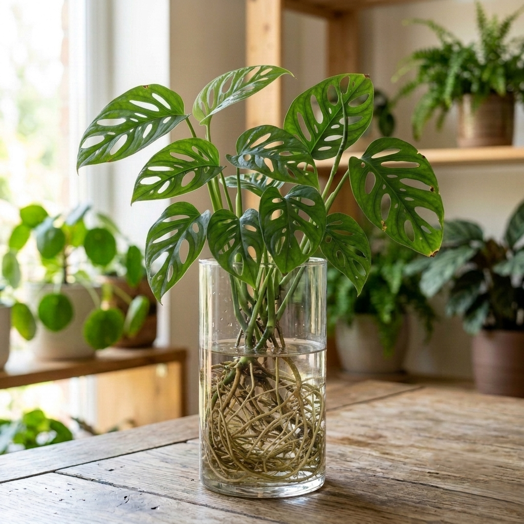 Monstera adansonii steht in einem transparenten Glas mit sichtbaren Wurzeln im Wasser.
