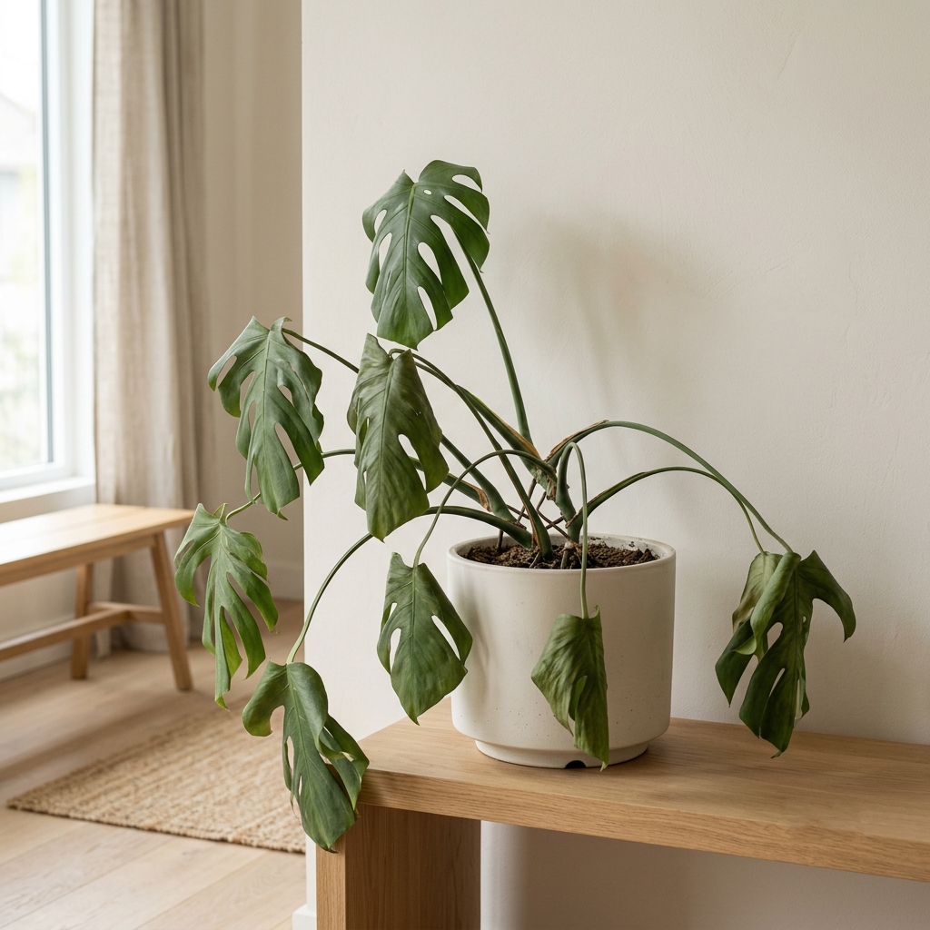 Monstera im weißen Topf mit schlaff herabhängenden und eingerollten Blättern auf einer Holzbank.