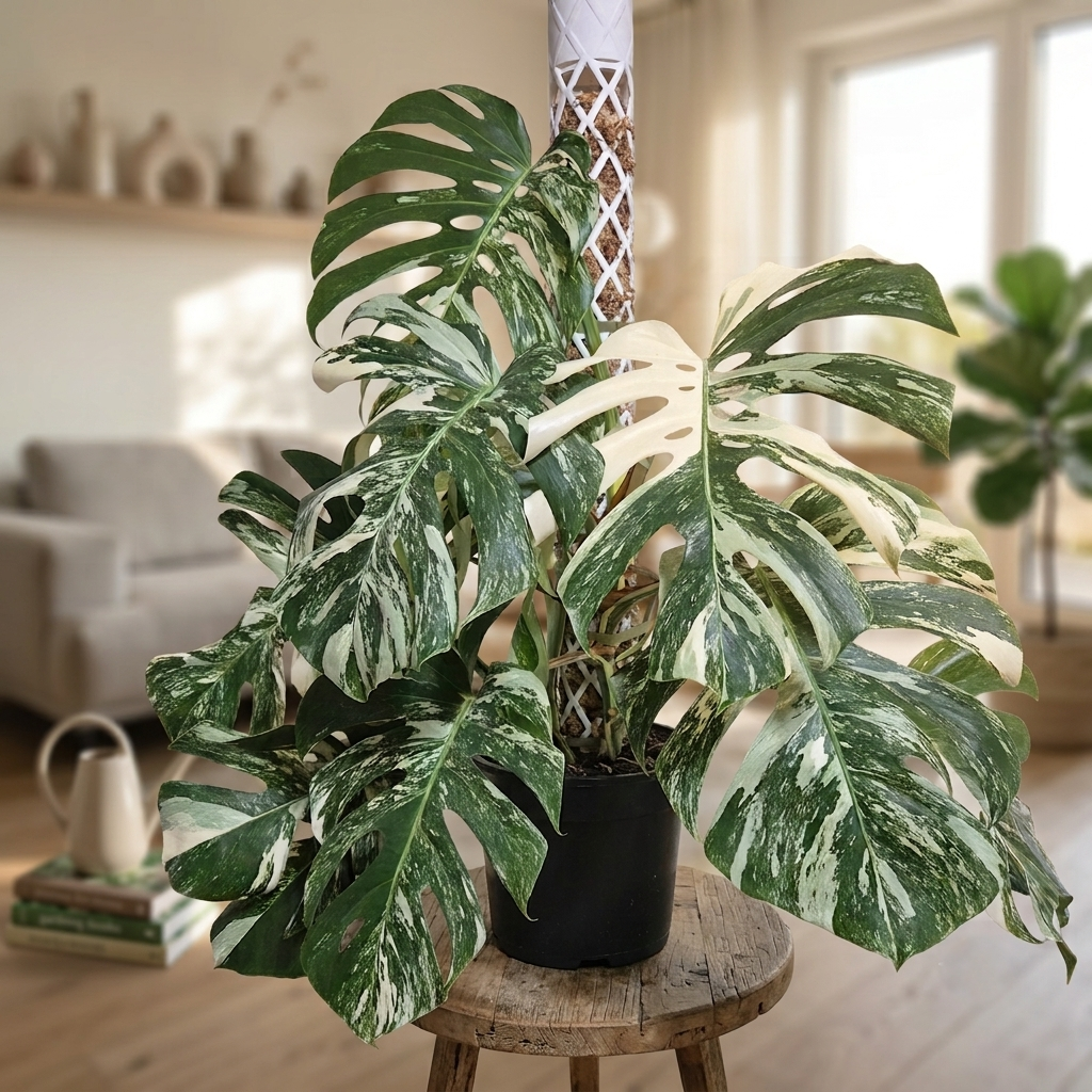 Üppige weiß-grün panaschierte Monstera mit stark geschlitzten Blättern an einer hellen Rankhilfe.