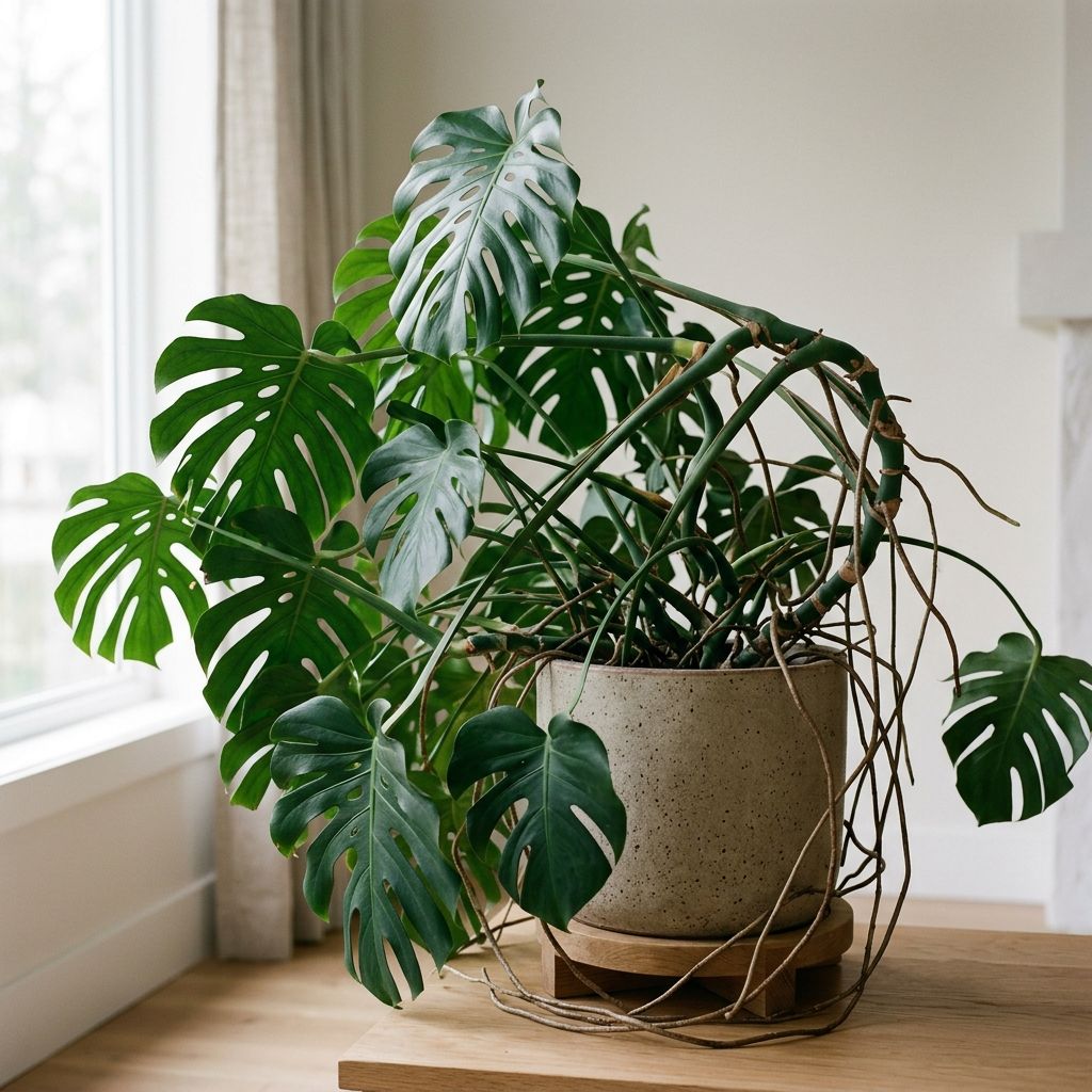 Seitlich wachsende Monstera mit langen Trieben und vielen Luftwurzeln vor dem Rückschnitt.