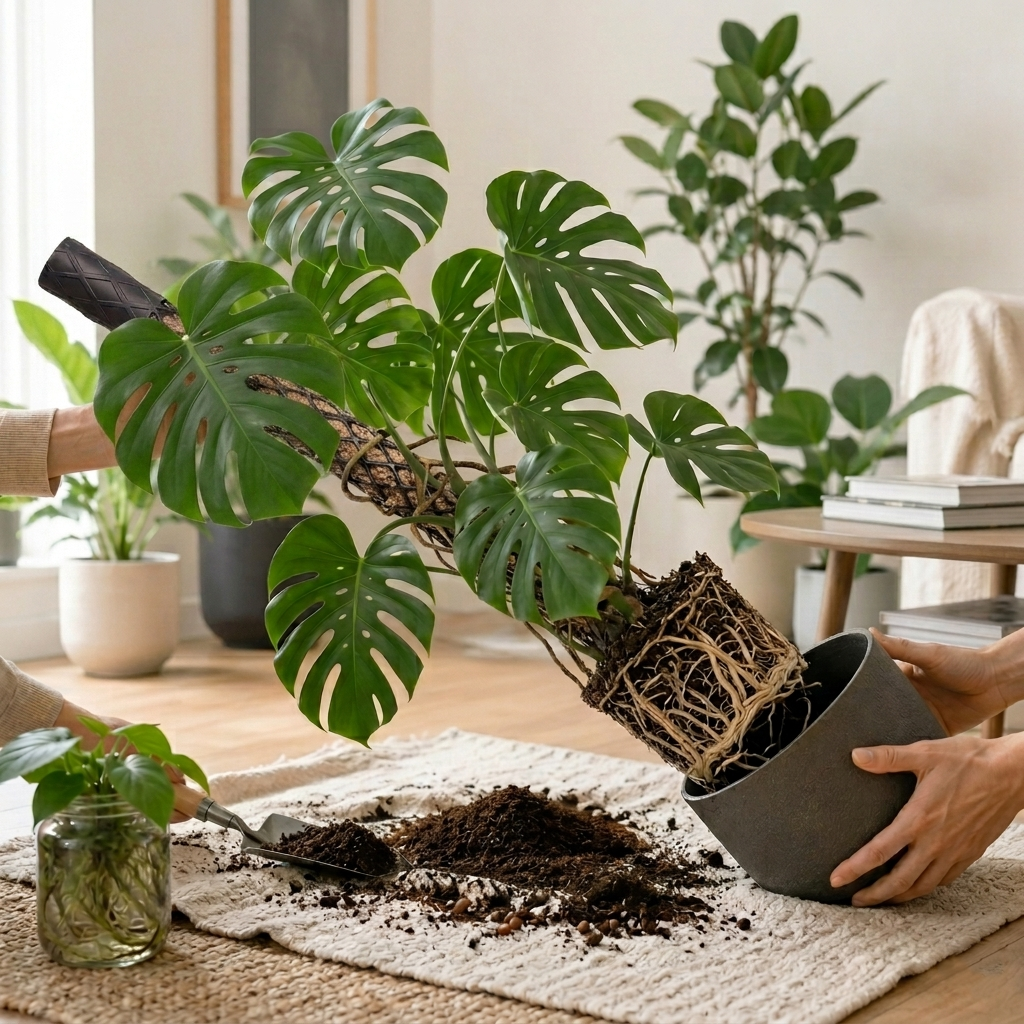 Zwei Personen ziehen eine Monstera samt Rankhilfe und Wurzelballen aus ihrem Pflanztopf.