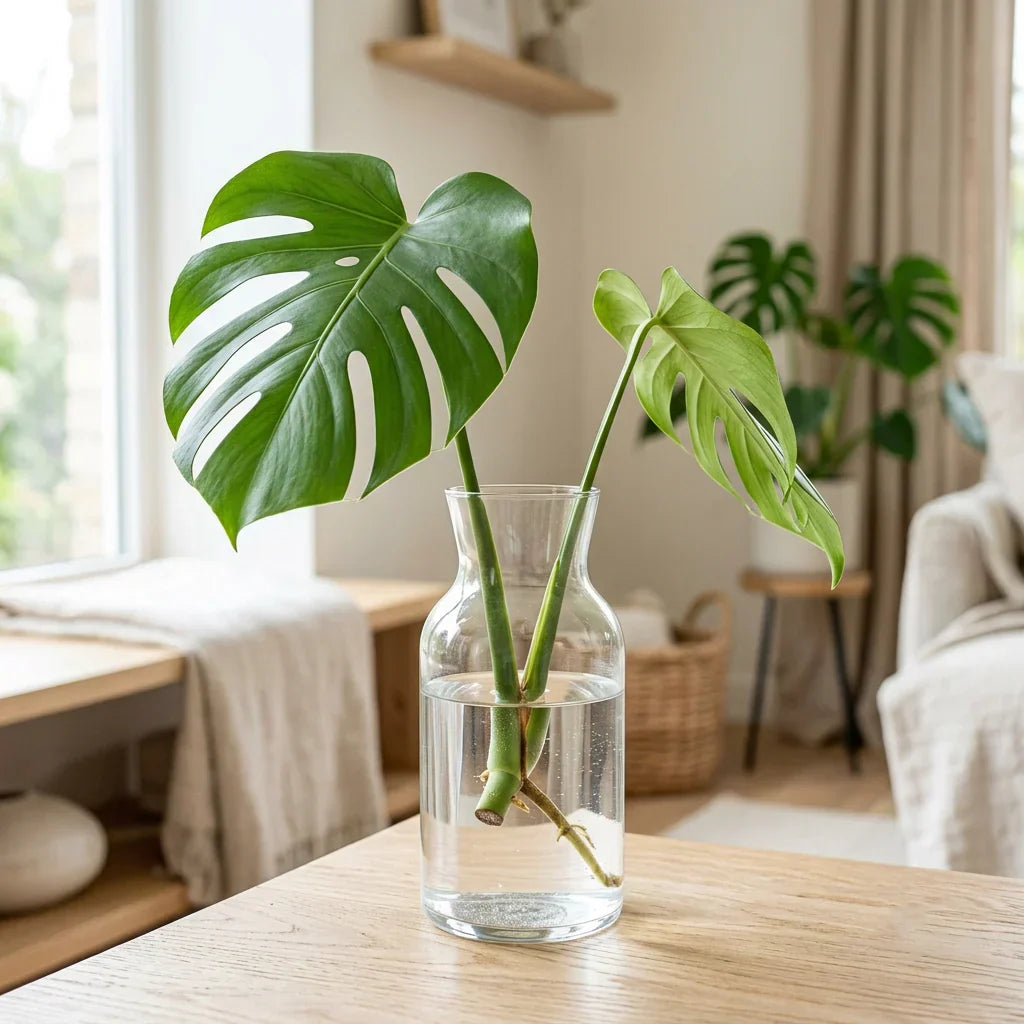 Monstera-Steckling steht zur Bewurzelung in einer mit Wasser gefüllten Glasvase.