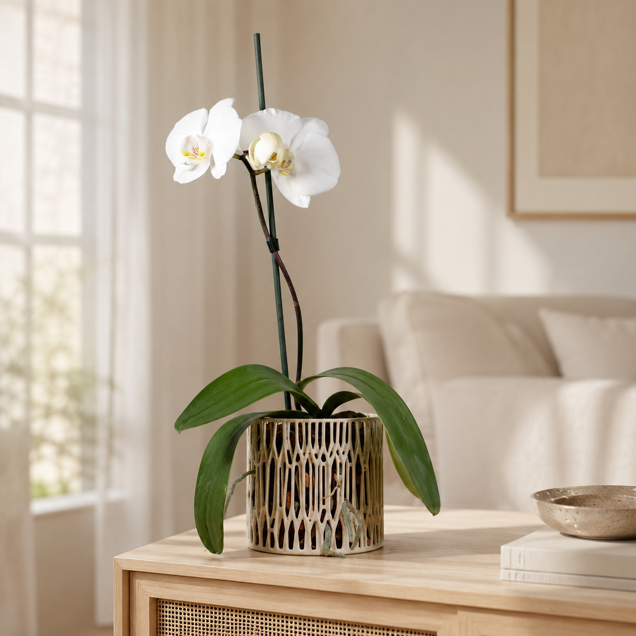 Weiß blühende Phalaenopsis-Orchidee in einem luftdurchlässigen Orchideentopf mit sichtbarem Rindensubstrat auf einem hellen Holzmöbel.
