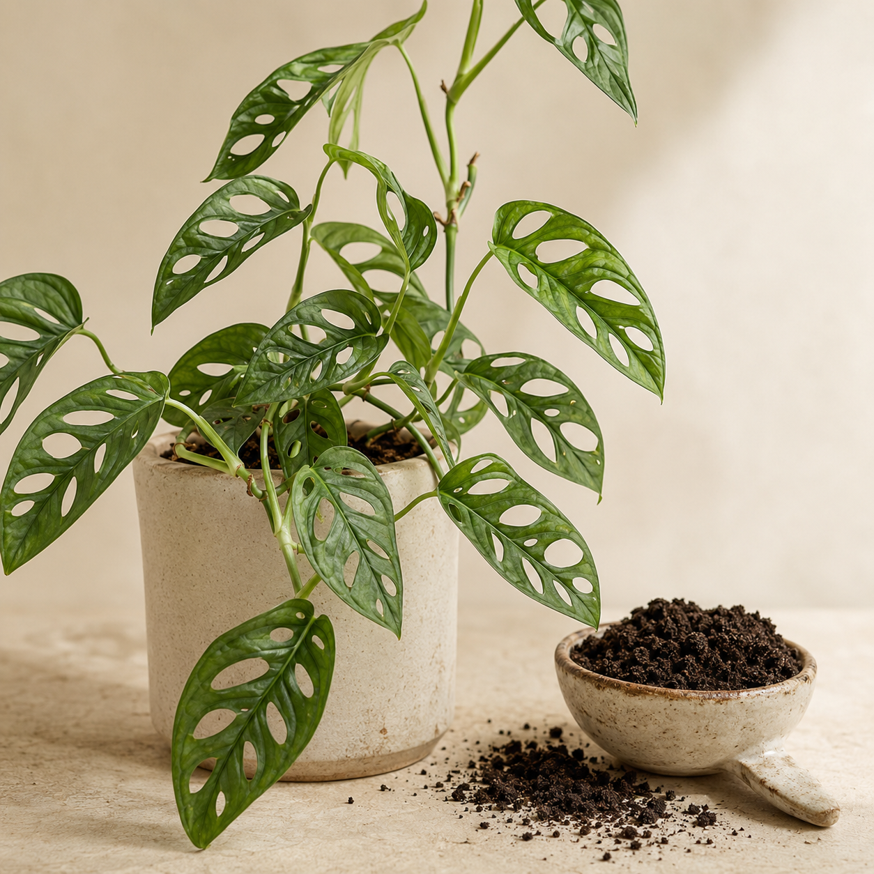 Monstera adansonii im beigen Topf neben einer Schale mit Kaffeesatz und verschütteten Kaffeeresten.