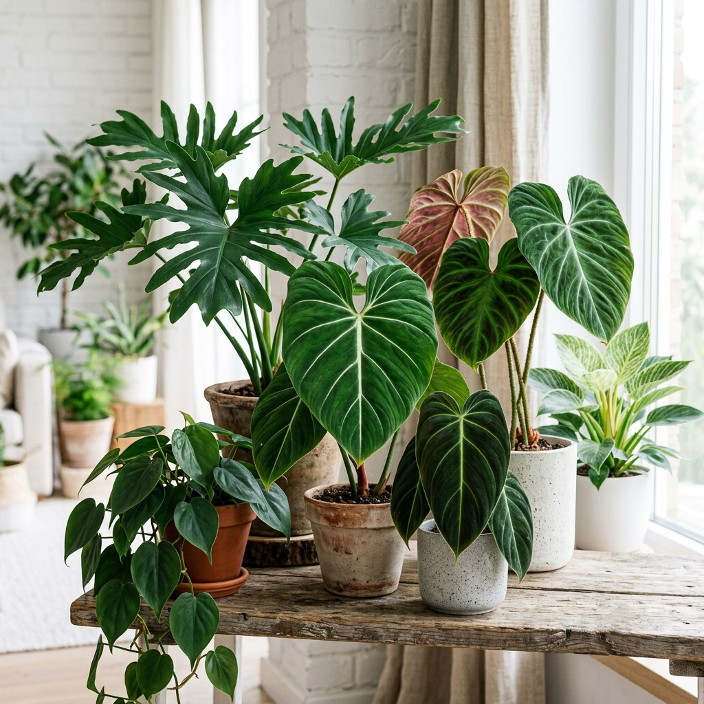 Verschiedene Philodendron-Arten mit großen, teils samtigen Blättern stehen in mehreren Töpfen auf einem Holztisch am Fenster.
