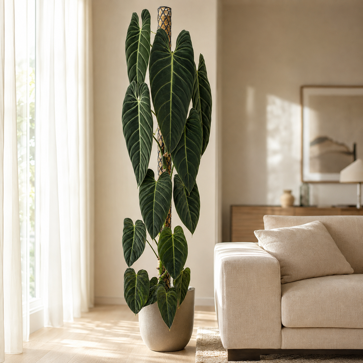 Großer Philodendron melanochrysum mit langen, samtig dunkelgrünen Blättern wächst an einem mit Sphagnum-Moos gefüllten Moosstab in einem hellen Wohnzimmer.