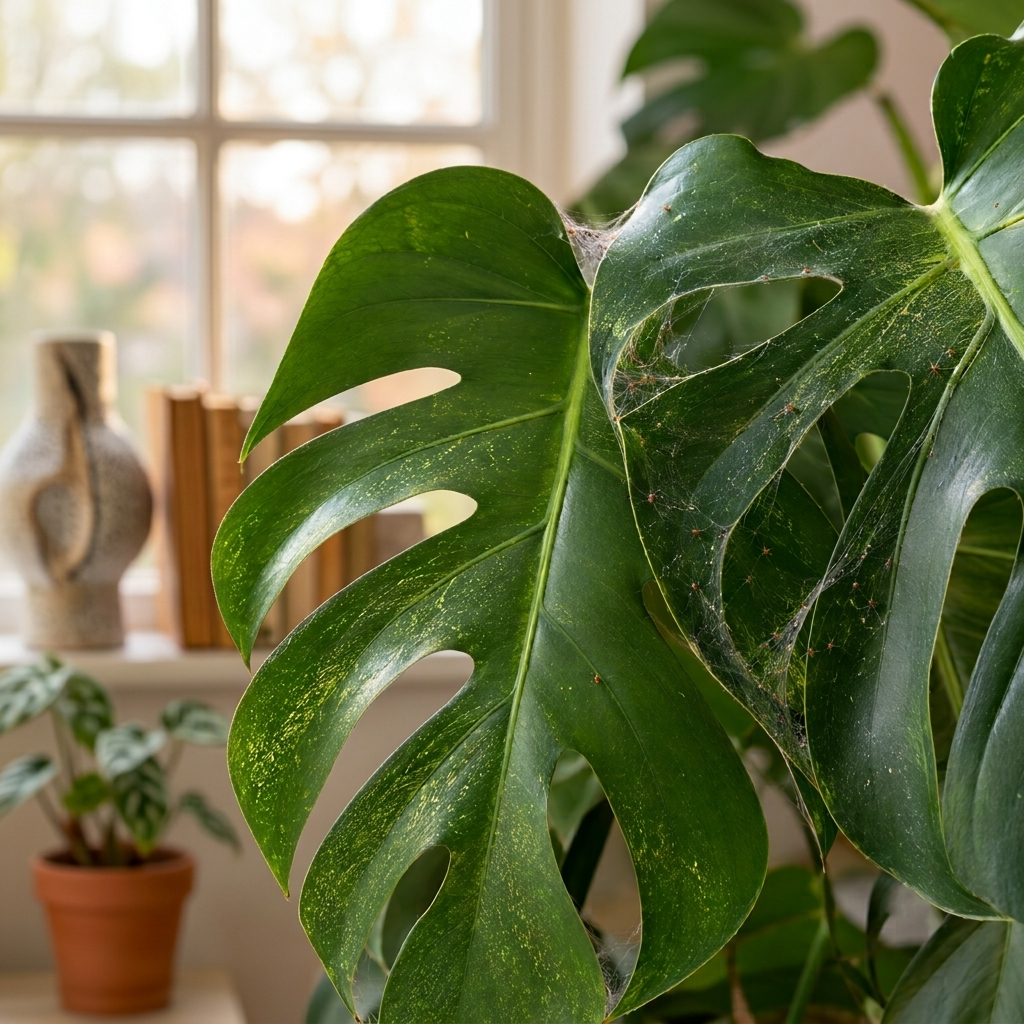Nahaufnahme eines Monstera-Blatts mit feinen Gespinsten, gelben Sprenkeln und sichtbaren Spinnmilben.