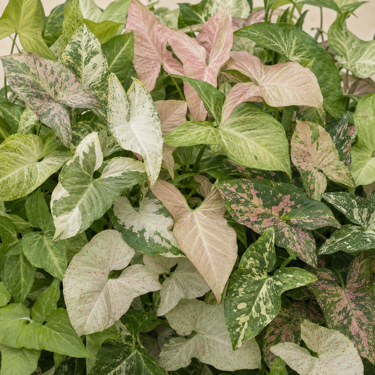 Dichte Mischung verschiedener Syngonium-Sorten mit pfeilförmigen Blättern in Grün, Weiß und Rosa sowie unterschiedlichen Panaschierungen.