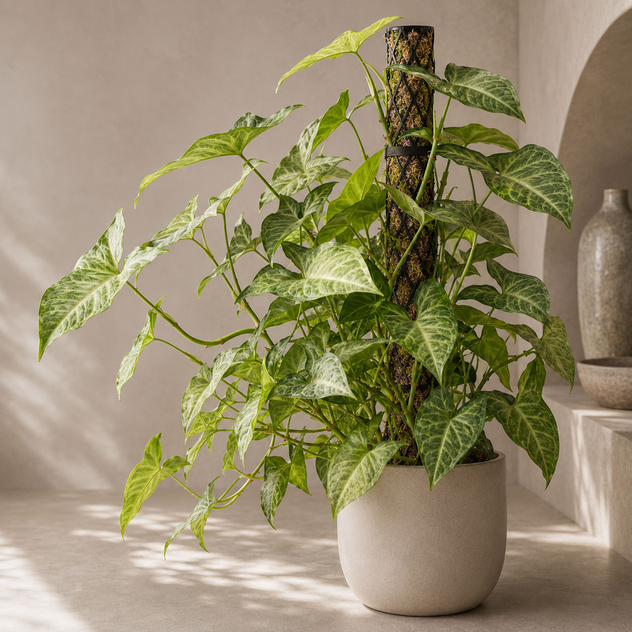 Buschige Syngonium mit grün-weiß gezeichneten Blättern wächst in einem beigen Topf an einem mit Sphagnum-Moos gefüllten Rankstab.