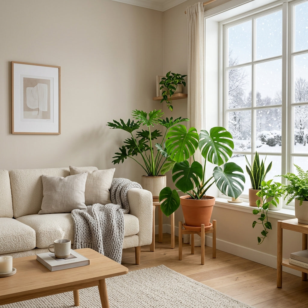 Helles Wohnzimmer mit verschiedenen Zimmerpflanzen an einem großen Fenster, während draußen eine verschneite Winterlandschaft zu sehen ist.