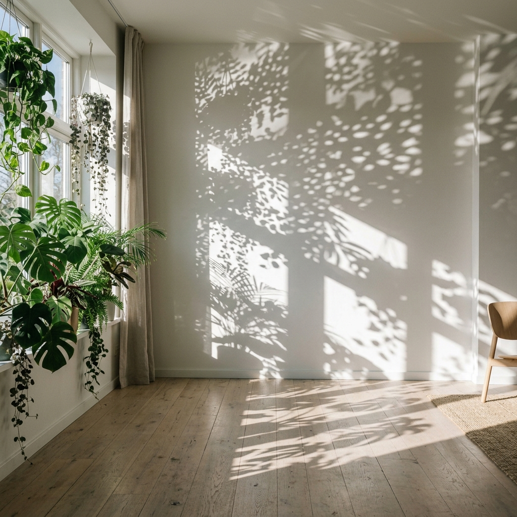 Heller Raum mit vielen Zimmerpflanzen am Fenster und deutlichen Blatt- und Fensterschatten durch Sonnenlicht an der Wand.
