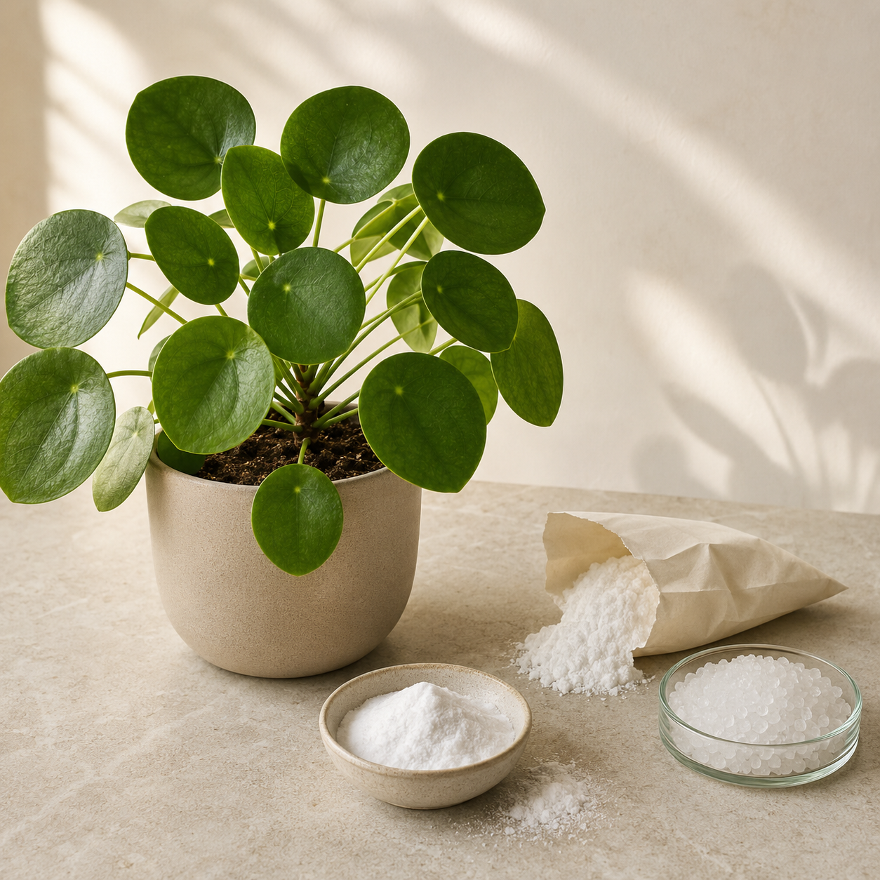 Gesunde Pilea im beigen Topf neben Schalen und einer Papiertüte mit weißen Pulvern und Kristallen wie Natron, Backpulver und Bittersalz.