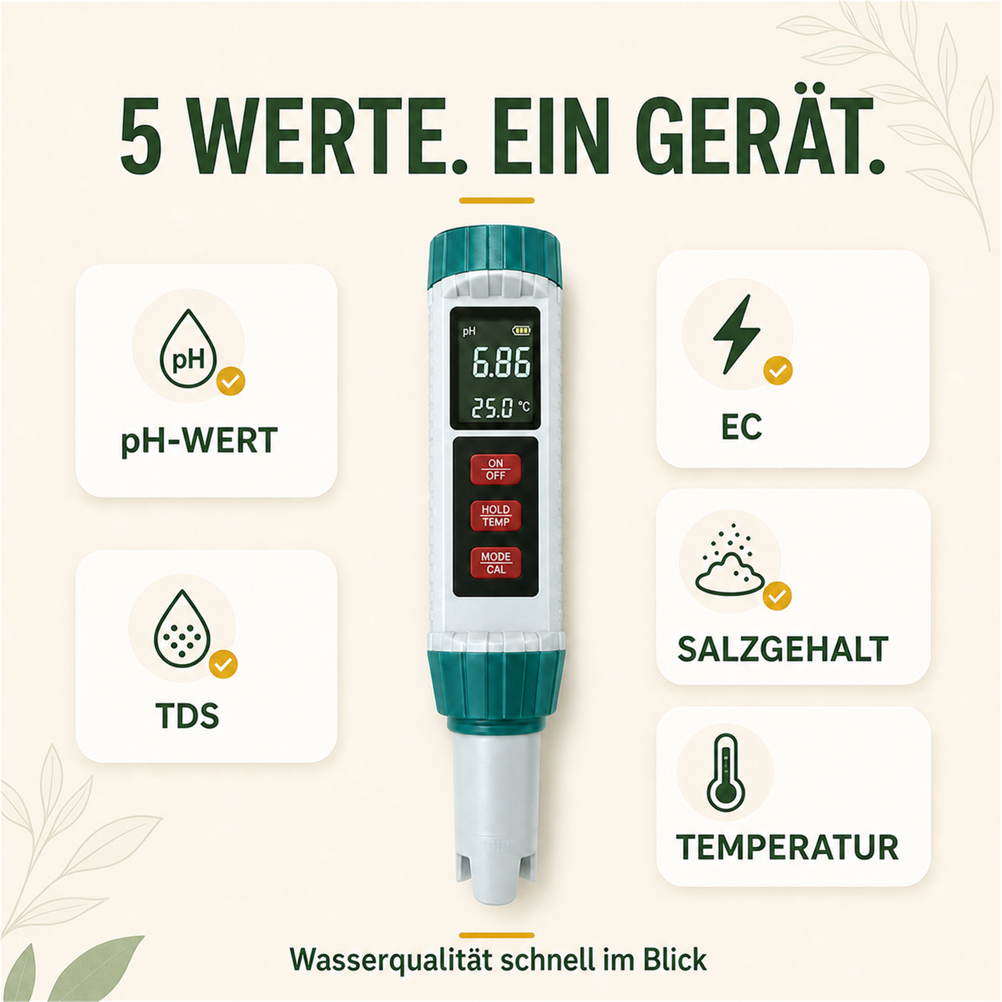 PlantMe 5-in-1 Wasserqualitätstester – digitales pH-, EC-, TDS-, Salzgehalt- und Temperatur-Messgerät mit Kalibrierung, für Hydroponik, Aquarium, Pool und Gießwasser