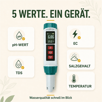 PlantMe 5-in-1 Wasserqualitätstester – digitales pH-, EC-, TDS-, Salzgehalt- und Temperatur-Messgerät mit Kalibrierung, für Hydroponik, Aquarium, Pool und Gießwasser