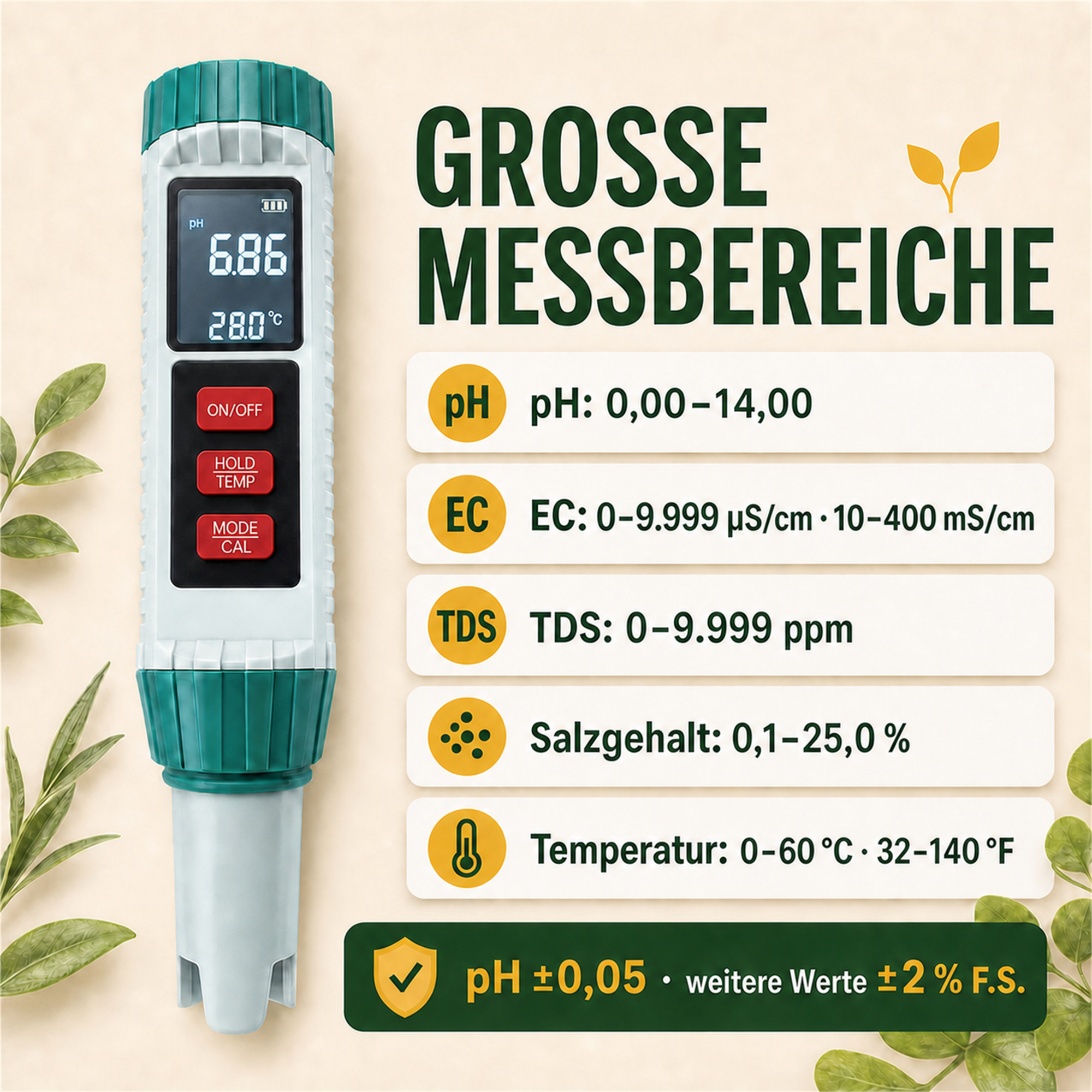 PlantMe 5-in-1 Wasserqualitätstester – digitales pH-, EC-, TDS-, Salzgehalt- und Temperatur-Messgerät mit Kalibrierung, für Hydroponik, Aquarium, Pool und Gießwasser