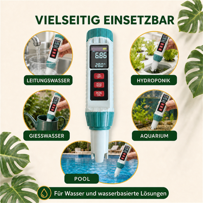 PlantMe 5-in-1 Wasserqualitätstester – digitales pH-, EC-, TDS-, Salzgehalt- und Temperatur-Messgerät mit Kalibrierung, für Hydroponik, Aquarium, Pool und Gießwasser
