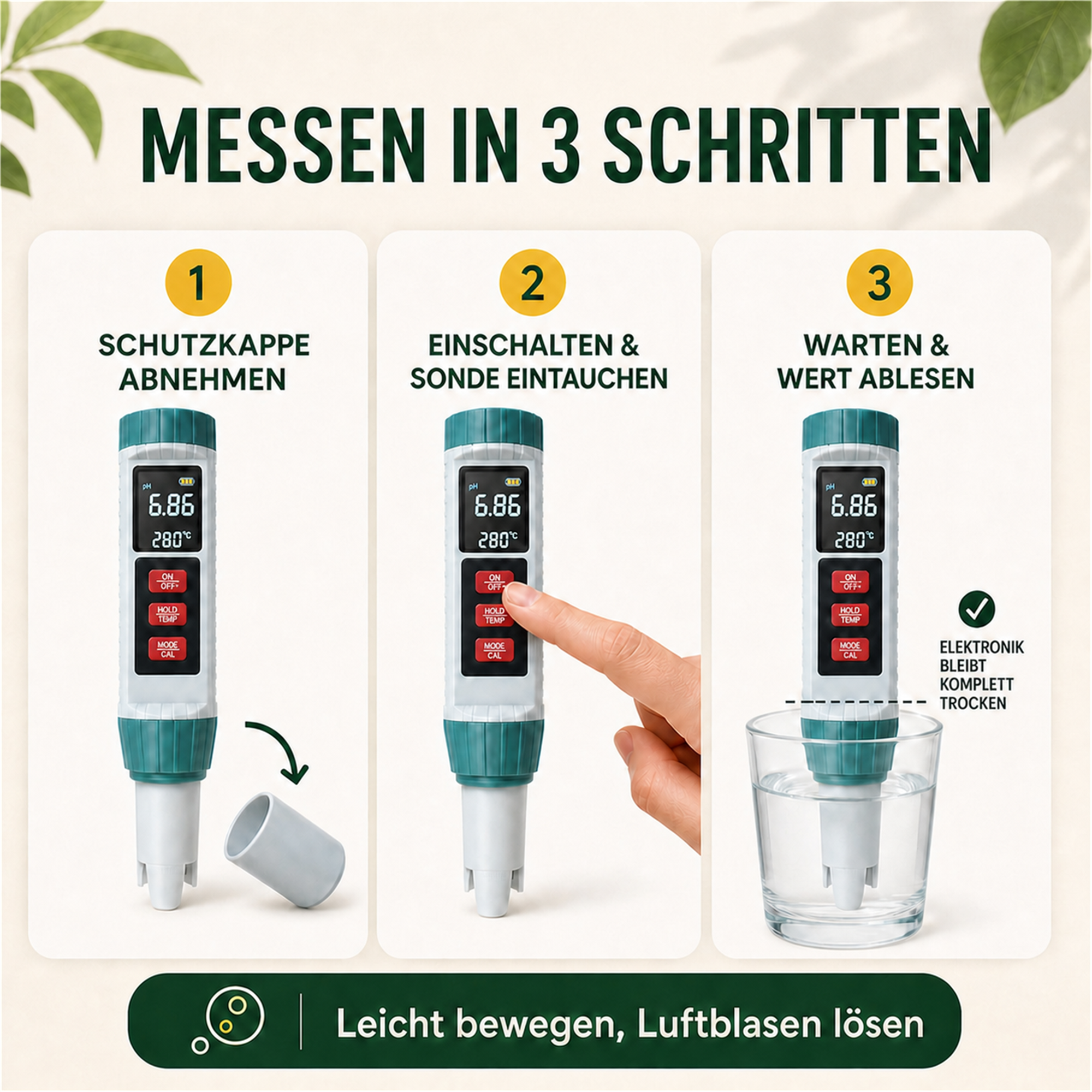 PlantMe 5-in-1 Wasserqualitätstester – digitales pH-, EC-, TDS-, Salzgehalt- und Temperatur-Messgerät mit Kalibrierung, für Hydroponik, Aquarium, Pool und Gießwasser