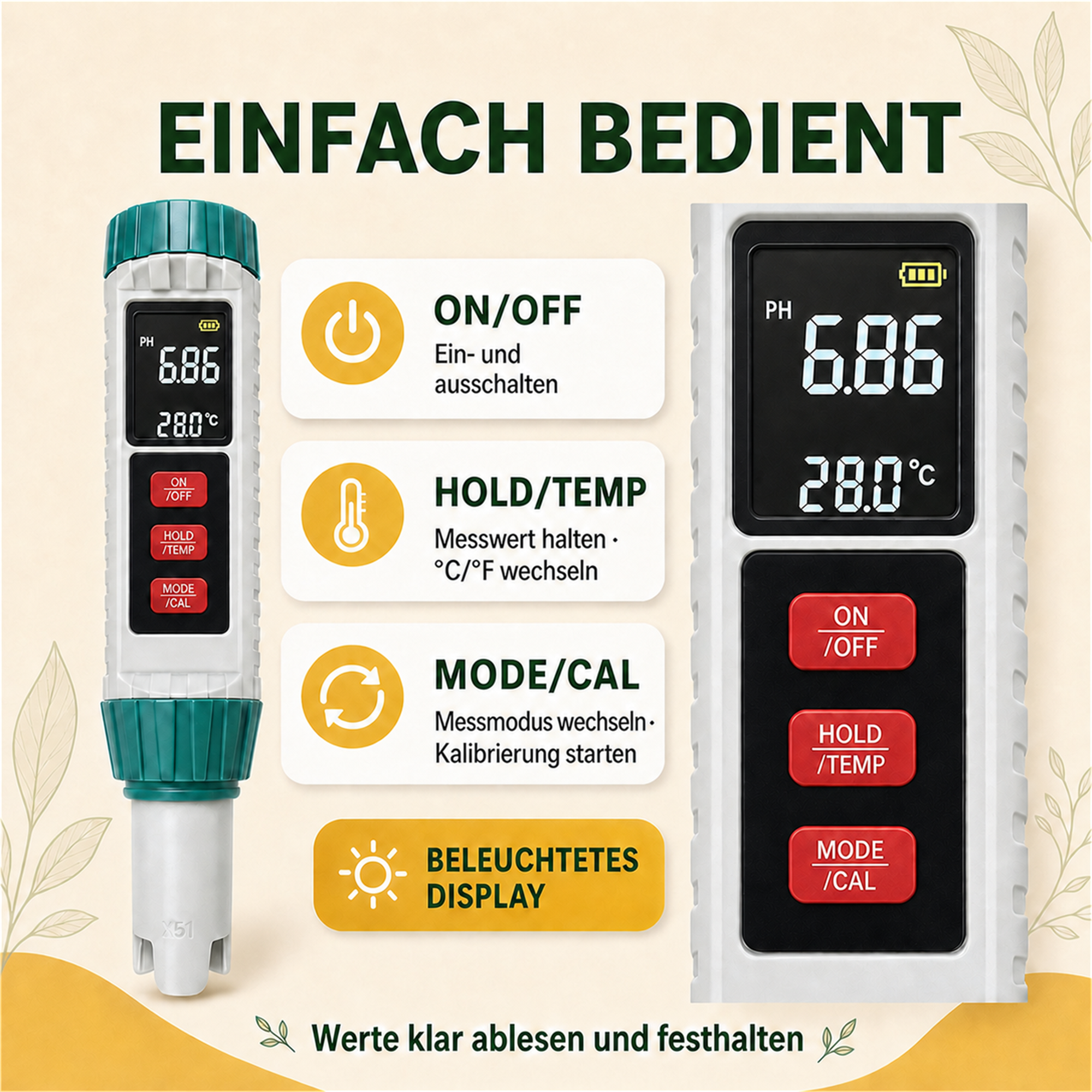 PlantMe 5-in-1 Wasserqualitätstester – digitales pH-, EC-, TDS-, Salzgehalt- und Temperatur-Messgerät mit Kalibrierung, für Hydroponik, Aquarium, Pool und Gießwasser