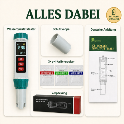 PlantMe 5-in-1 Wasserqualitätstester – digitales pH-, EC-, TDS-, Salzgehalt- und Temperatur-Messgerät mit Kalibrierung, für Hydroponik, Aquarium, Pool und Gießwasser