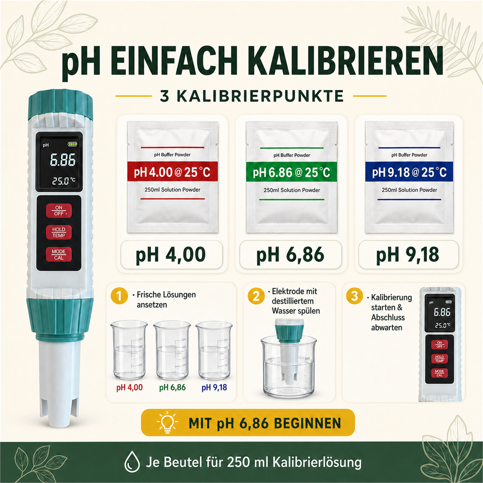 PlantMe 5-in-1 Wasserqualitätstester – digitales pH-, EC-, TDS-, Salzgehalt- und Temperatur-Messgerät mit Kalibrierung, für Hydroponik, Aquarium, Pool und Gießwasser