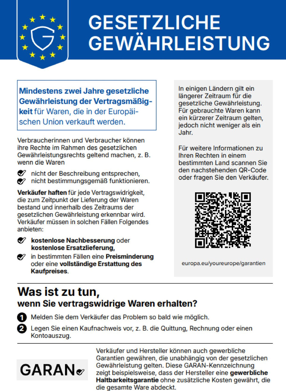 Hinweis zur gesetzlichen Gewährleistung in der EU: mindestens 2 Jahre bei mangelhafter Ware